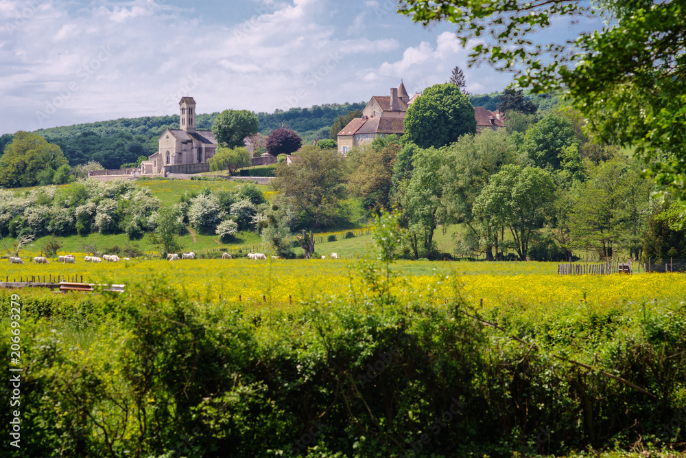 F, Burgund, Departement Côte d'Or, Blick auf Savianges, idyllische Fluss- und Weidelandschaft mit Dorf, Schloß und Kirche