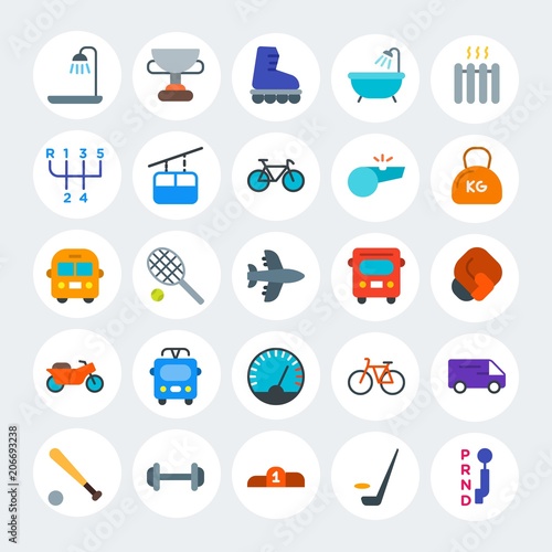 Modern Simple Set of transports, hotel, sports Vector flat Icons. Contains such Icons as court, cup, change, pedestal, bath, gym and more on white cricle background. Fully Editable. Pixel Perfect.