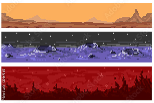 A set of pixel seamless extraterrestrial landscapes