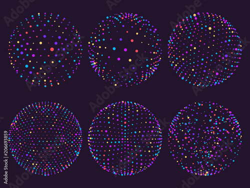 Science atom spheres, dots orbs or particles orbit. Geometry 3d grid sphere for futuristic chart or abstract vector illustration