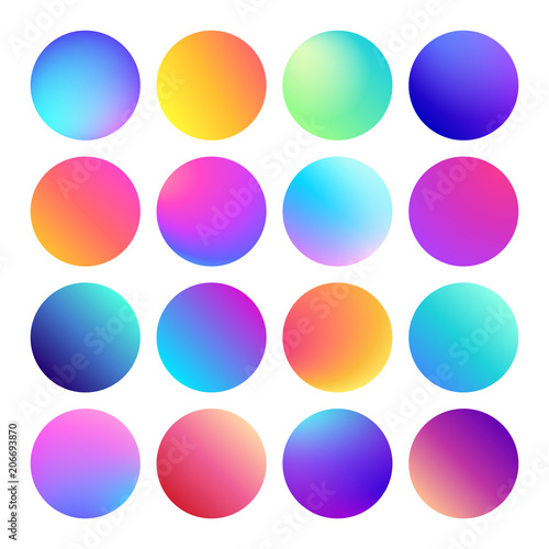 Rounded holographic gradient sphere button. Multicolor fluid circle gradients, colorful round buttons or vivid color spheres vector set