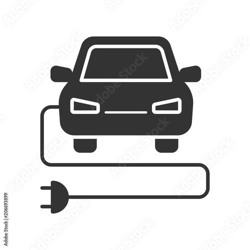 Black isolated icon of electric car on white background. Silhouette of electric car,
