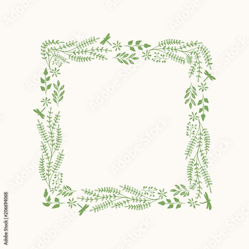 Vector flourish frame with herbs and leaves. 