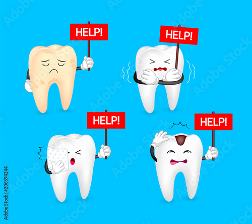 Unhealthy Tooth holding help sign. Human body part requires care or medical treatment due to disease or impact of adverse on health. Dental care concept. Illustration isolated on blue background.