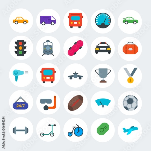 Modern Simple Set of transports, hotel, sports Vector flat Icons. Contains such Icons as dumbbell, key, auto, urban, windshield and more on white cricle background. Fully Editable. Pixel Perfect.