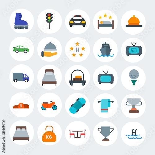 Modern Simple Set of transports, hotel, sports Vector flat Icons. Contains such Icons as championship, award, stop, hotel, cloth and more on white cricle background. Fully Editable. Pixel Perfect.