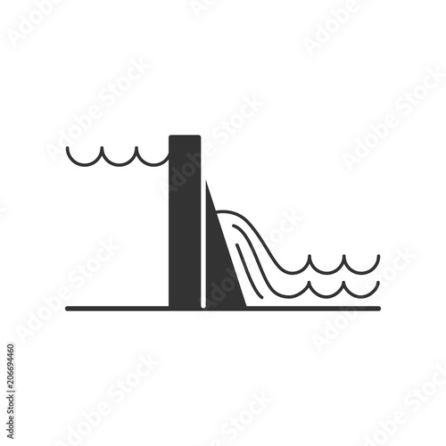 Black isolated icon of hydroelectric power station on white background. Silhouette of hydroelectric power station.