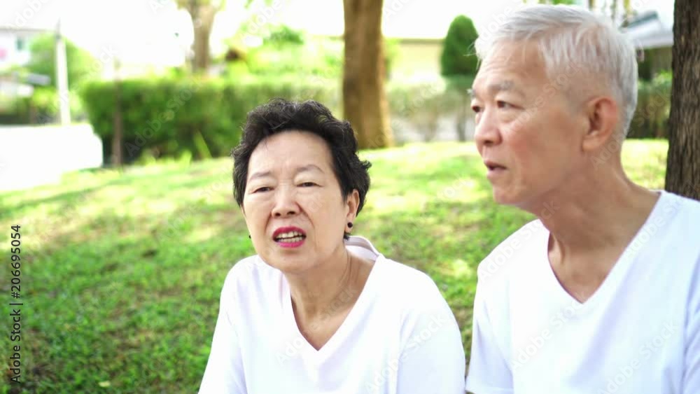 Asian senior couple talk about future after retirement in green residence park Asian senior couple talk about future after retirement in green residence park