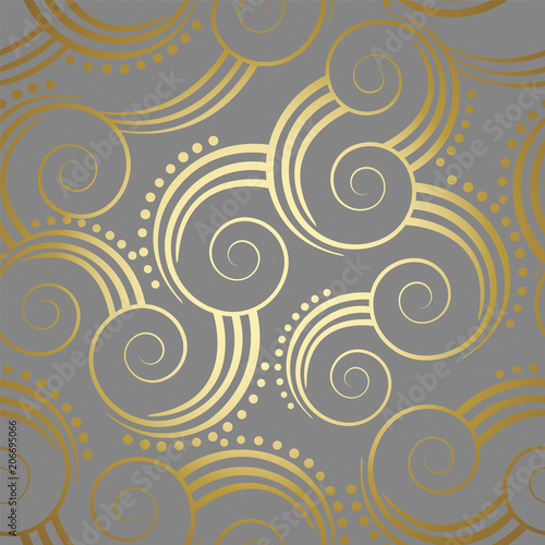 Seamless golden swirls pattern wallpaper on grey background