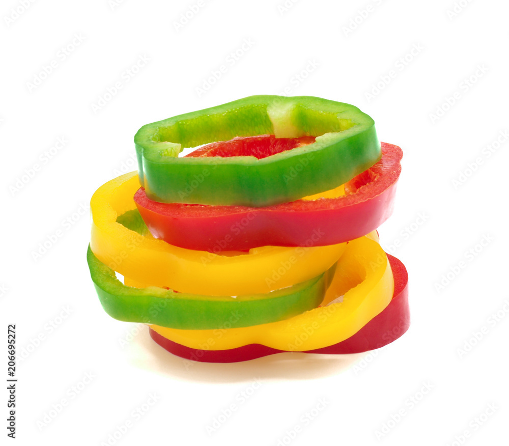 Fresh vegetables, red, yellow, green sweet peppers on white background. Fresh vegetables, red, yellow, green sweet peppers on white background.
