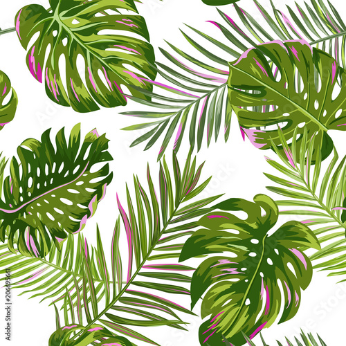 Fototapeta Naklejka Na Ścianę i Meble -  Tropical Palm Leaves Seamless Pattern. Watercolor Floral Background. Exotic Botanical Design for Fabric, Textile, Wallpaper, Wrapping Paper. Vector illustration