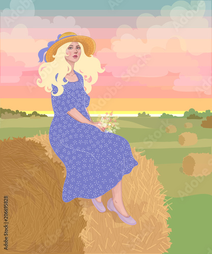 vector beautiful blond girl in a wide-brimmed slap sits on a sheaf of hay, on a green lawn at sunset