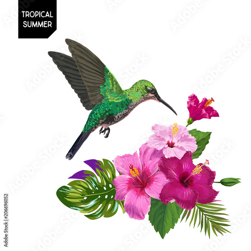 Summer Tropical Design with Hummingbird and Exotic Flowers. Floral Background with Tropic Bird, Hibiskus and Palm Leaves. Vector illustration