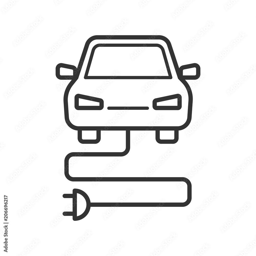 Black isolated outline icon of electric car on white background. Line Icon of electric car. Black isolated outline icon of electric car on white background. Line Icon of electric car.