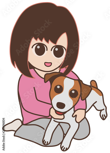 座って犬を抱く女性　ジャックラッセルテリア