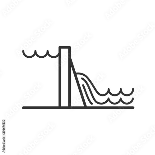 Black isolated outline icon of hydroelectric power station on white background. Line Icon of hydroelectric power station.