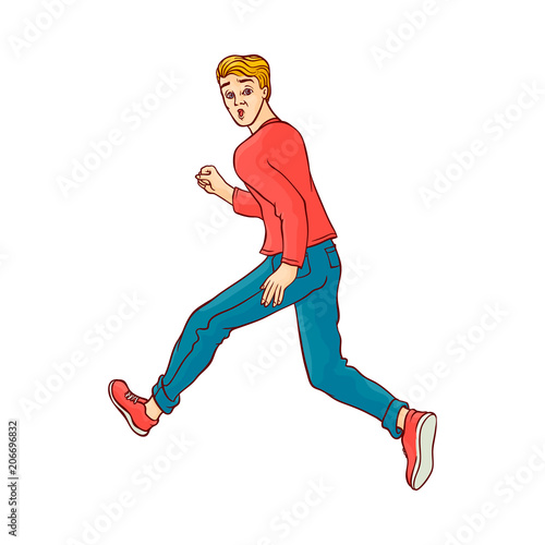 Young man in casual clothing, jeans running looking back. Male character runaway with afraid face . Isolated vector illustration in sketch style