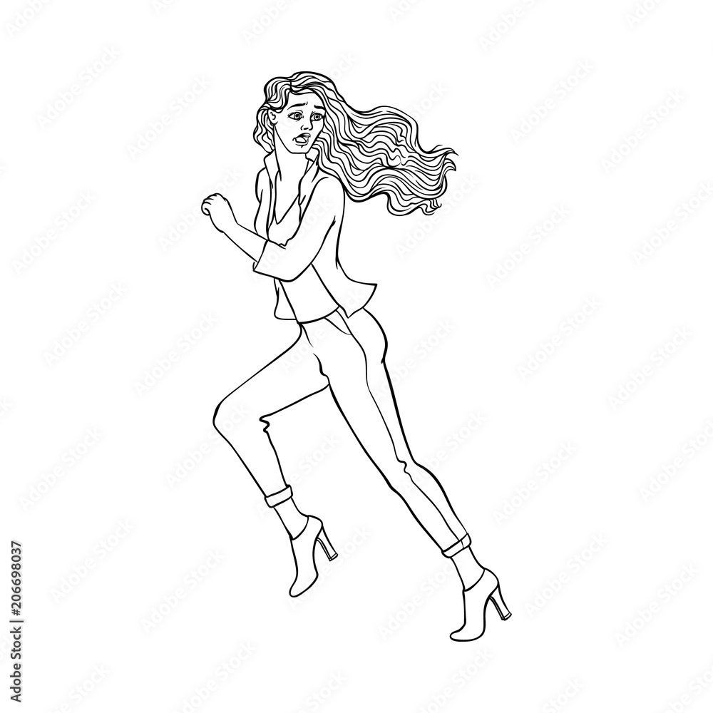 Fototapeta premium Young sportive girl in jeans heeled, running looking back. Beautiful female character, blonde woman runaway with afraid face. Isolated monochrome vector illustration in sketch style