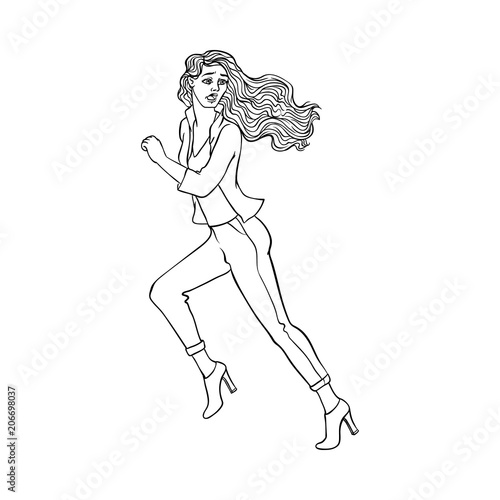 Young sportive girl in jeans heeled, running looking back. Beautiful female character, blonde woman runaway with afraid face. Isolated monochrome vector illustration in sketch style