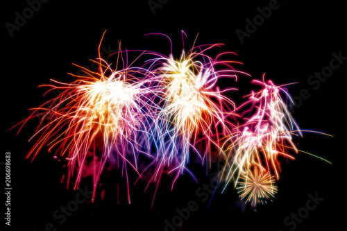 Beautiful colorful isolated firework display for celebration happy new year and merry christmas on black background