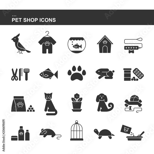 Isolated black collection icons of dog, cat, parrot, fish, aquarium, animal food, collar, turtle, kennel, grooming accessories, cage, mouse flower pot rabbit lizard. Set silhouette of pet shop icon.