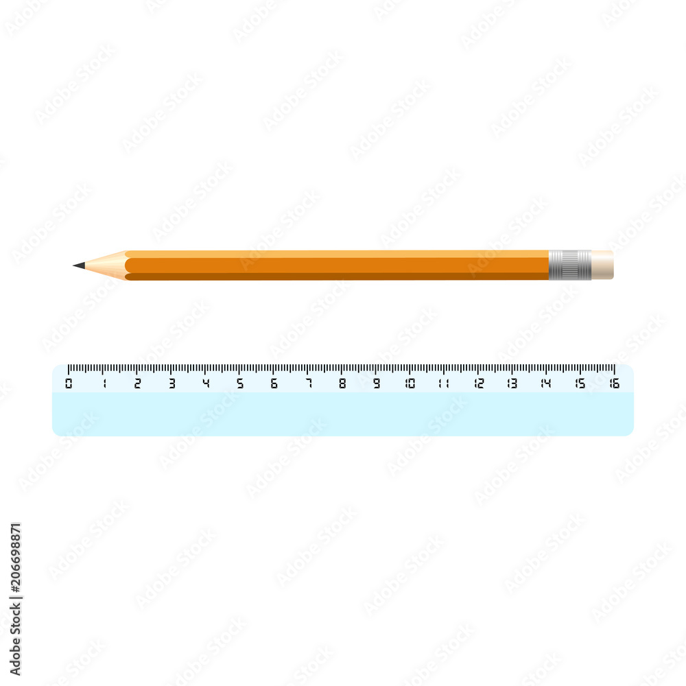 Isolated realistic long orange pencil and blue ruler on white background. Isolated realistic long orange pencil and blue ruler on white background.