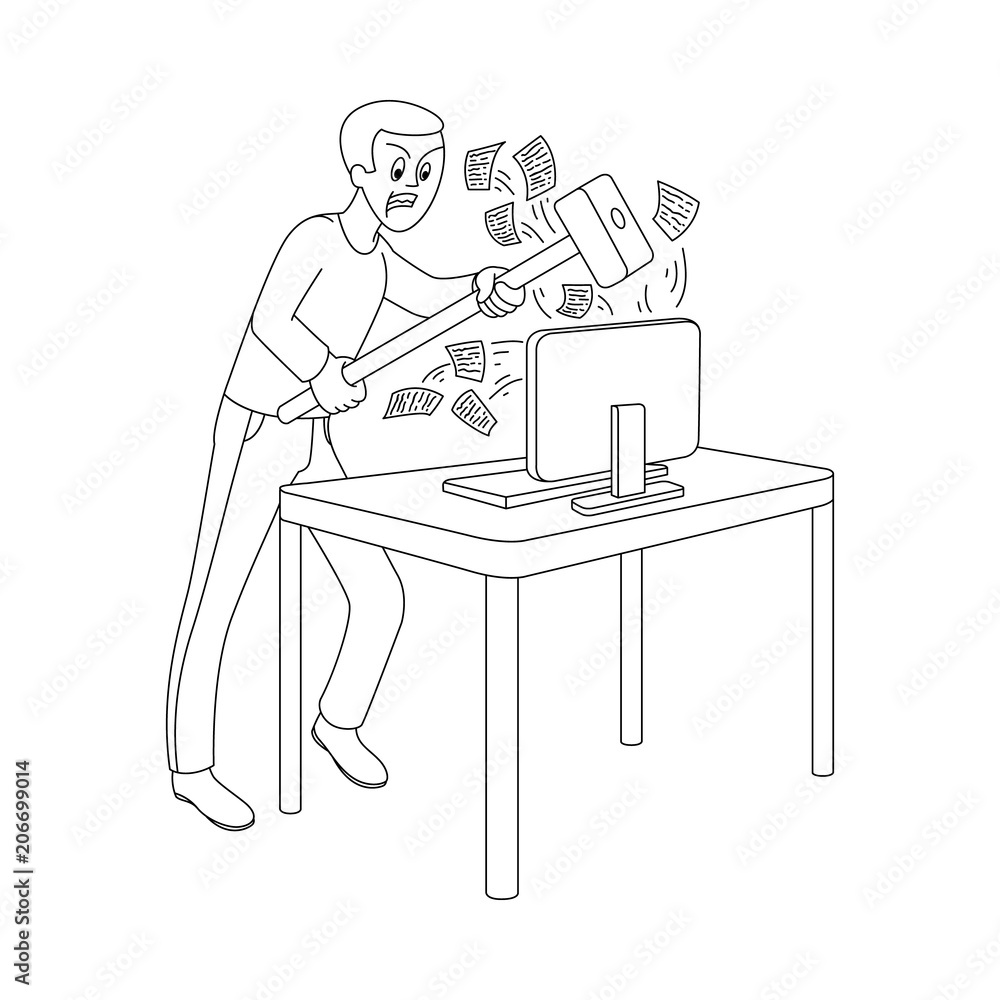 Angry man holding big hummer going to break desktop computer monitor flying out messages. Irritated male character furious about information overload. Vector monochrome sketch illustration isolated Angry man holding big hummer going to break desktop computer monitor flying out messages. Irritated male character furious about information overload. Vector monochrome sketch illustration isolated