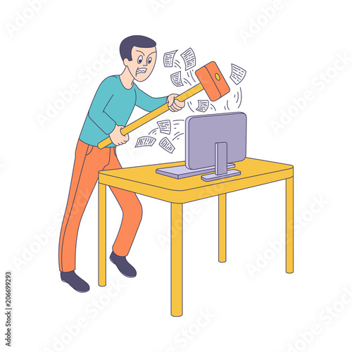 Angry man holding big hummer going to break desktop computer monitor with flying out messages. Irritated male character furious about information overload. Vector sketch illustration isolated