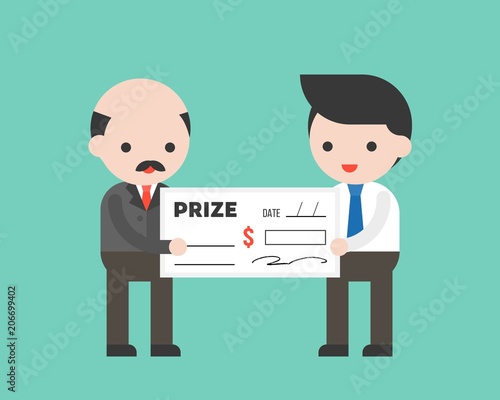 Businessman receiving a big money check prize from CEO, flat design