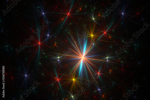 Bright abstract fractal star, Fractal starry sky fantasy pattern - color and black, fireworks