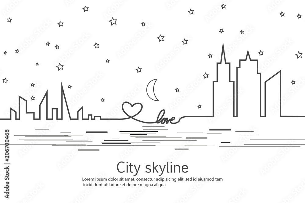 Silhouette of the city and star and moon and love and heart in a flat style. Modern urban landscape. Vector illustrations. City skyscrapers building office horizon.Continuous line drawing. Vector line Silhouette of the city and star and moon and love and heart in a flat style. Modern urban landscape. Vector illustrations. City skyscrapers building office horizon.Continuous line drawing. Vector line