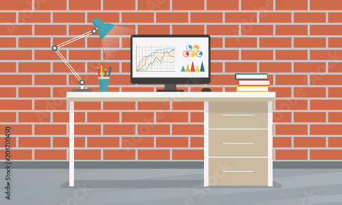 Office desk or table with computer, lamp and pencil stand. Business interior with brick wall. Workplace in flat style. Vector illustration. 