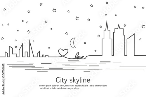 Silhouette of the city and star and moon and love and heart in a flat style. Modern urban landscape. Vector illustrations. City skyscrapers building office horizon.Continuous line drawing. Vector line