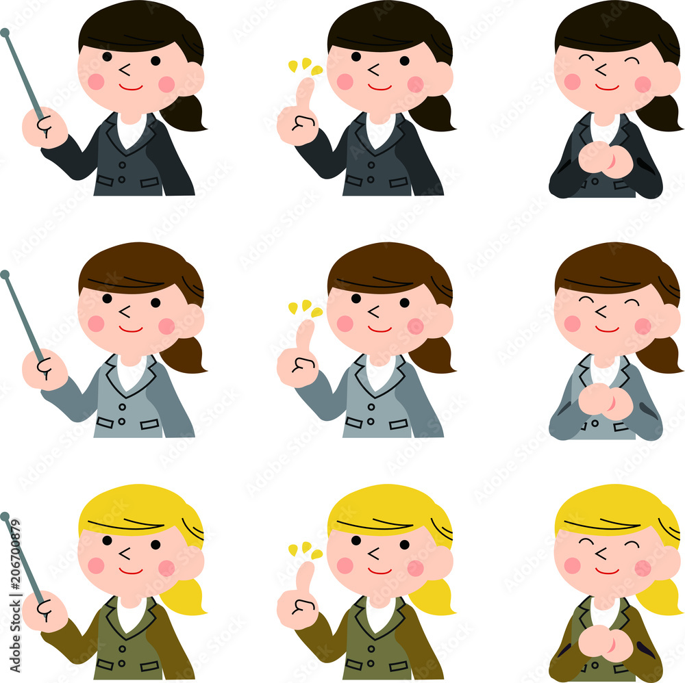 Pointing female office worker set Pointing female office worker set