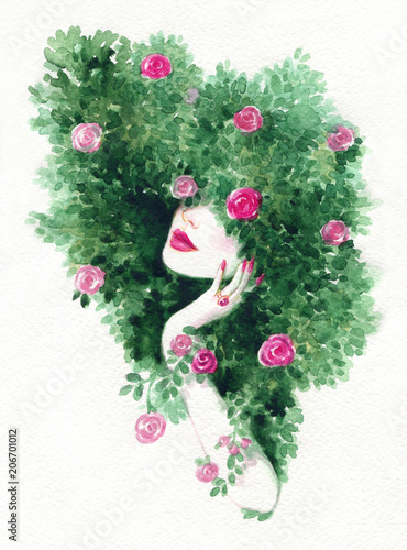 beautiful woman and flowers. fashion illustration. watercolor painting
