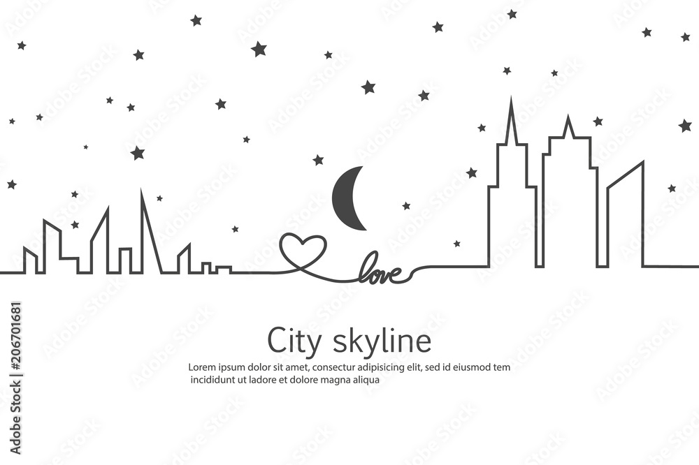 Silhouette of the city and star and moon in a flat style. Modern urban landscape. Vector illustrations. City skyscrapers building office horizon.Continuous line drawing. Vector line. Geometric figures