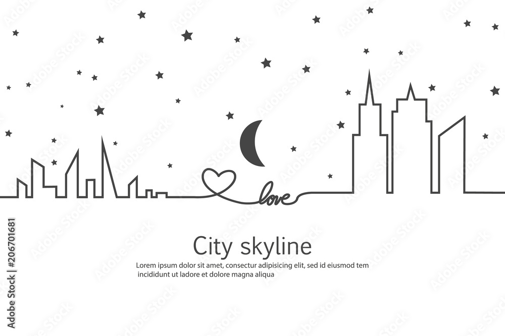 Silhouette of the city and star and moon in a flat style. Modern urban landscape. Vector illustrations. City skyscrapers building office horizon.Continuous line drawing. Vector line. Geometric figures Silhouette of the city and star and moon in a flat style. Modern urban landscape. Vector illustrations. City skyscrapers building office horizon.Continuous line drawing. Vector line. Geometric figures