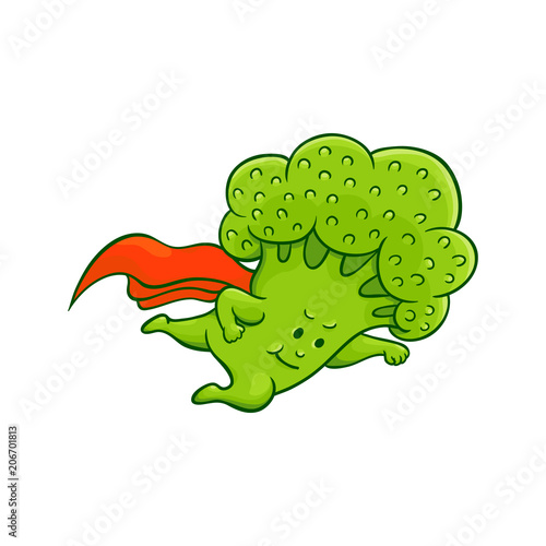 Cheerful broccoli character flying in super hero pose with red cape. Funny green vegetable cute healthy organic food full of vitamins. Cartoon hand drawn plant with arms, legs. Vector illustration