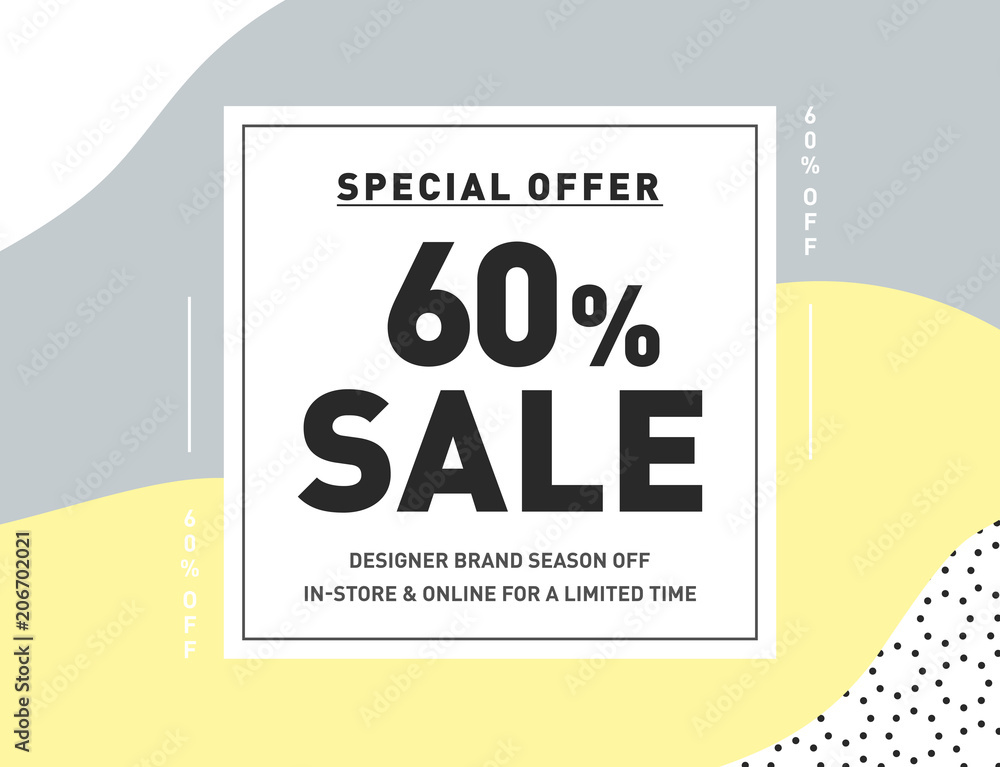 60% OFF Special Offer Sale. Creative Vector Design Template for Newsletter, Banner, Coupon, Flyer. Series of Pastel Color Sale Discount Promo Stickers. 60% Price OFF Discount Promotion Banner Design.