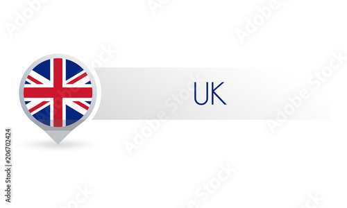 UK flag. United Kingdom and Great Britain circle flag button in the map marker shape. British country icon, badge or banner. Vector illustration.
