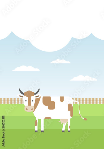 Vector background with cow on the field.