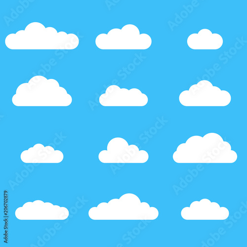 Clouds icon set. Different cloud shapes isolated on the blue sky background. Vector illustration. © metelsky25