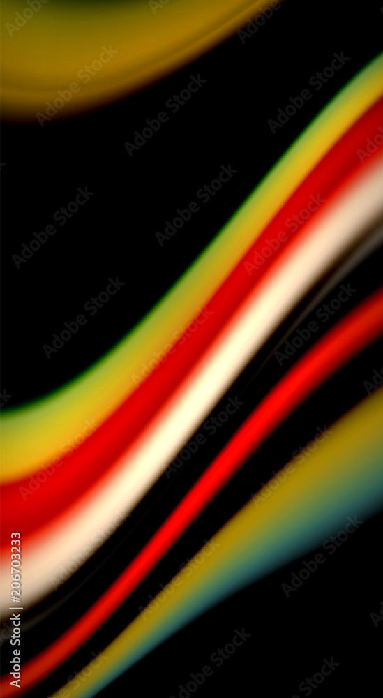 Fototapeta premium Fluid rainbow colors on black background, vector wave lines and swirls