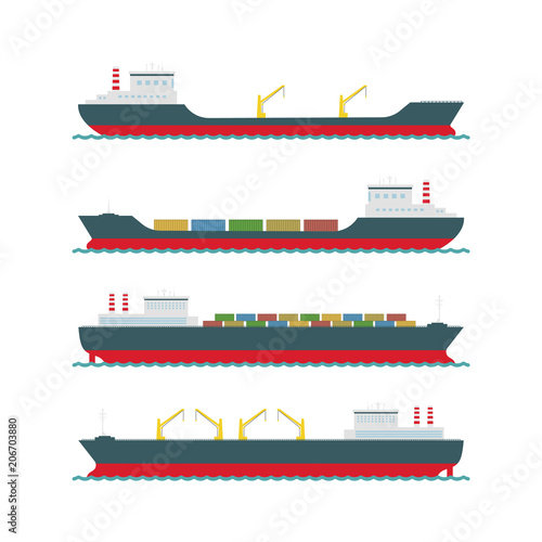 Vector set cargo ships on white background.