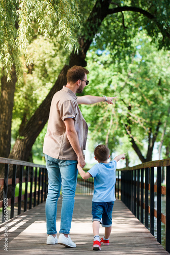 back view of father and son pointing on something on bridge at park