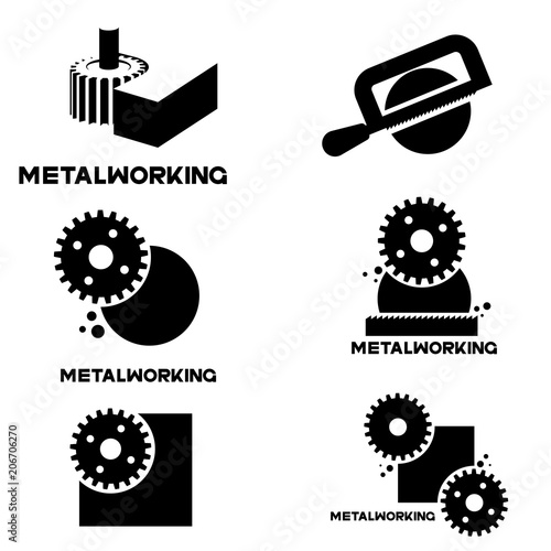 an illustration consisting of an image of the words "metal worked" and three milling cutters processing metal in the form of a symbol or logo
