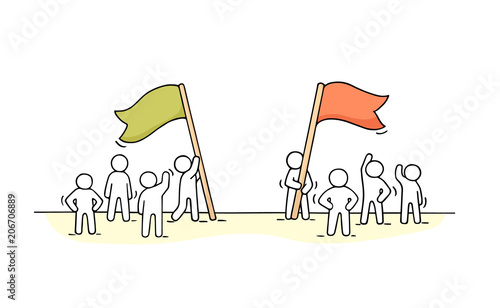 miniature scene of two teams with flags.