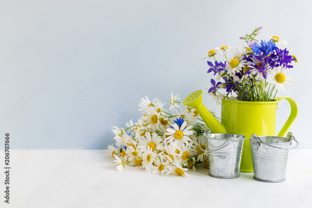 Home interior and garden concept with summer flowers