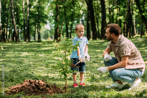 father looking how son planting tree with shovel at park