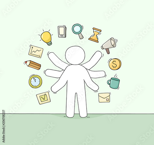 Cartoon businessman with many hands.